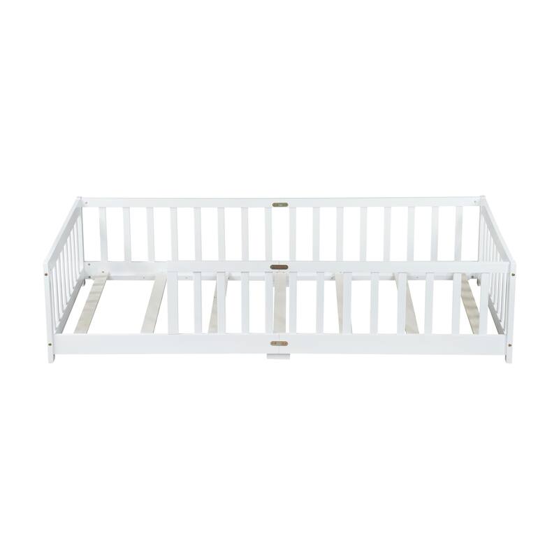 Roomfitters Twin Rubber Wood Floor Bed with Fence, Safety Guardrails, Low Profile Platform Design