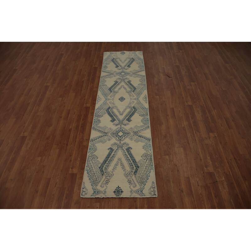 Hand Knotted Oriental 100% Wool Carpet Modern Geometric Beige & Ivories Contemporary Runner Rug - 9' 0'' X 2' 3''