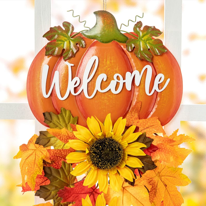 Glitzhome 22.5"H Fall Metal Welcome Pumpkin and Sunflower Swag Thanksgiving Wall Decor