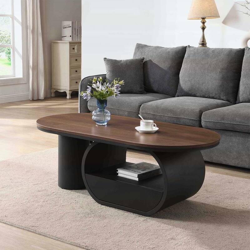 Modern Oval Coffee Table with Storage,Metal Frame for Elegant Living Room Decor - Black+Brown