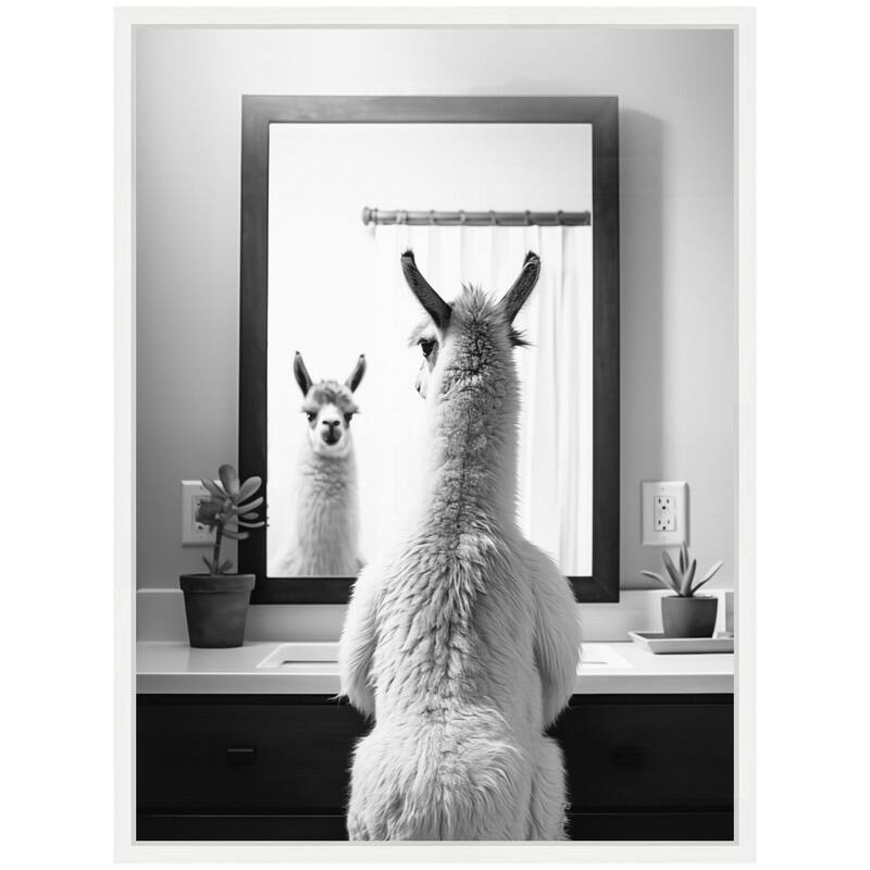 Kate and Laurel Sylvie Llama Bathroom Art Mirror Black and White Framed Canvas by The Creative Bunch Studio