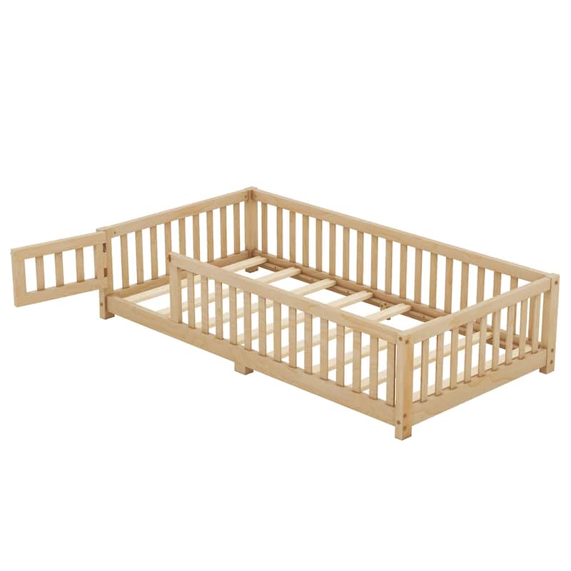 Toddler Montessori Bed Twin Floor Bed Frame with Fences, Door and Removable Slats Wood Frame Bed for Girls Boys Children's Room