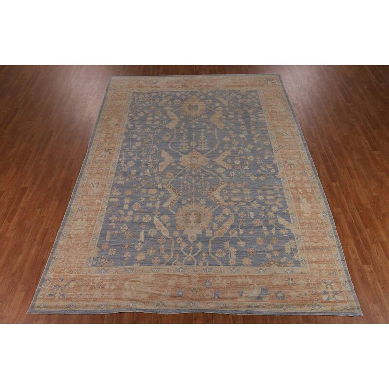 Blue Oushak Vegetable Dye Turkish Area Rug Handmade Wool Carpet - 9'5"x 12'2"