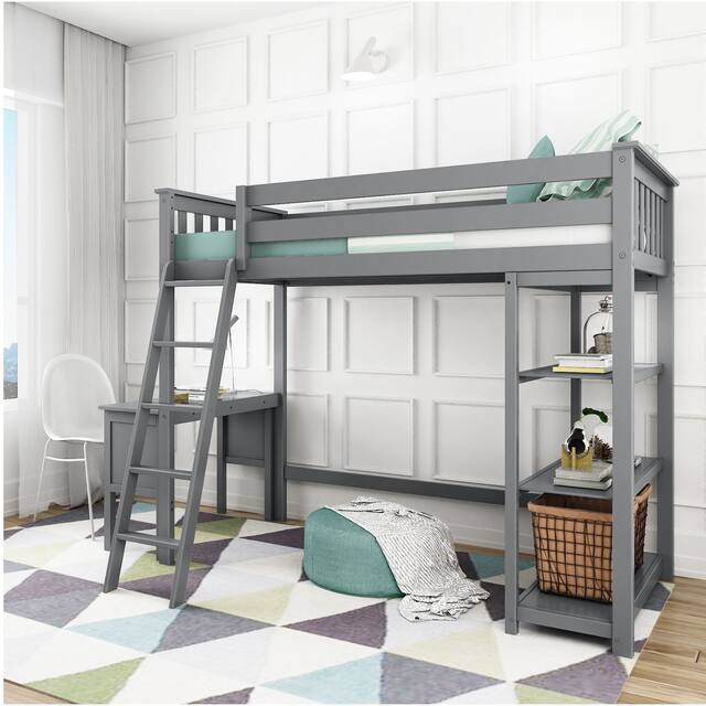 Max and Lily Twin High Loft Bed with Bookcase and Desk - Grey