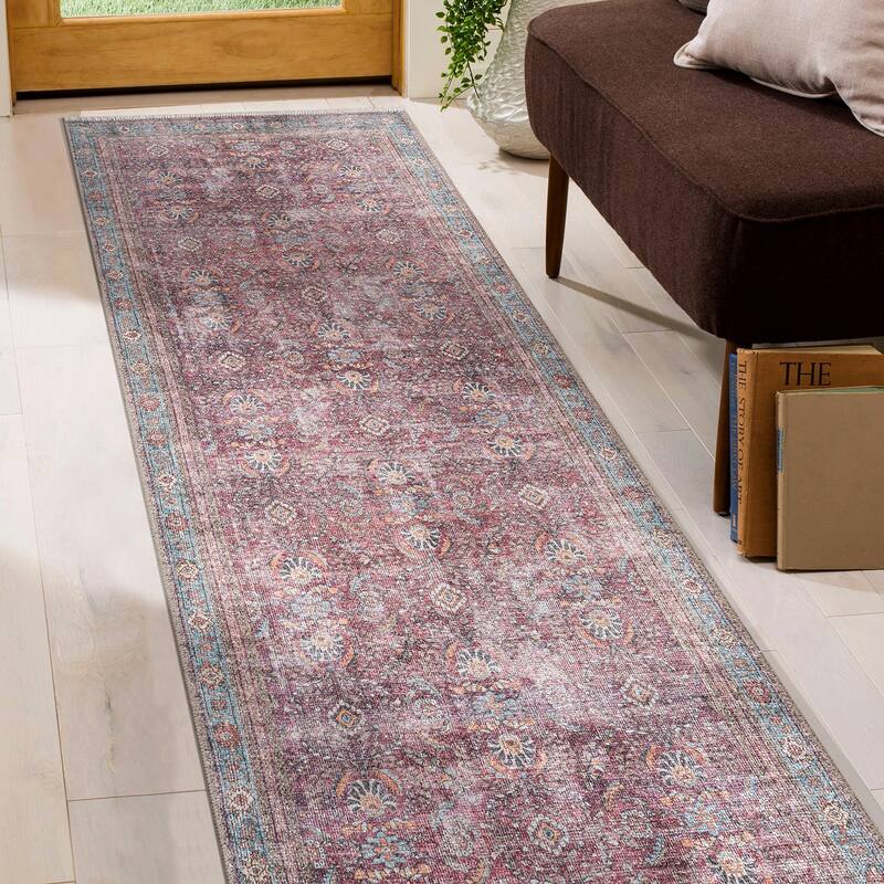 World Rug Gallery Distressed Vintage Bordered Machine Washable Area Rug - 2' 6" x 7' - Runner