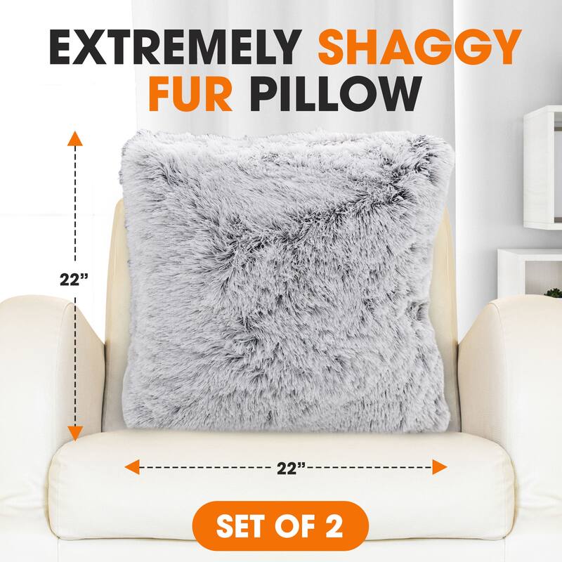 Cheer Collection Super Soft Shaggy Long Hair Throw Pillows Set of 2 Plush Accent Cushions