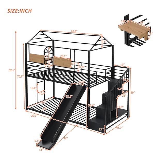 dimension image slide 1 of 2, Twin Over Twin Metal Bunk Bed, Creativity Kids Bed Metal Platform Bed Frame Housebed with Slide and Storage Stair for Boys Girls