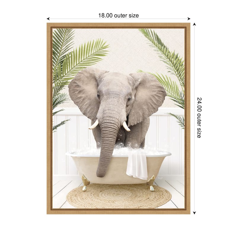 Kate and Laurel Sylvie Elephant Front Palm Bathtub Framed Canvas by Amy Peterson