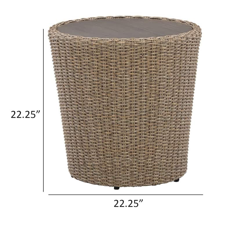 22 Inch Outdoor End Table, Round Shape, Handwoven Resin Wicker, Beige Brown