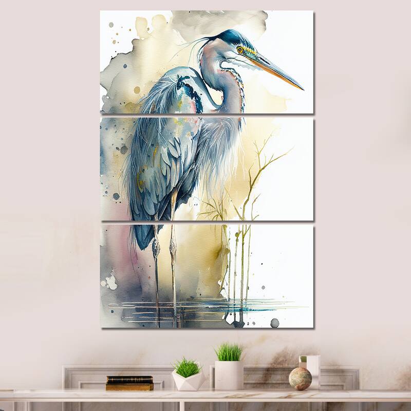 Designart "Heron By The Waterside Watercolour III" Animals Heron Canvas Art Print - 3 Panels - 32 in. wide x 48 in. high - 3 Panels