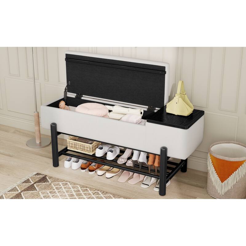 Roomfitters Modern Entryway Bench, Upholstered Storage Seat, Shoe Organizer Shelf, Hallway Furniture