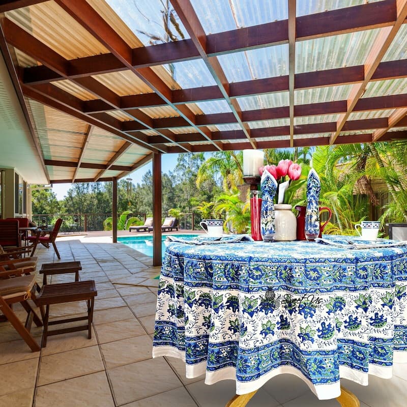 Bursting Floral Block Print Cotton Tablecloth Collection - 72-in Round