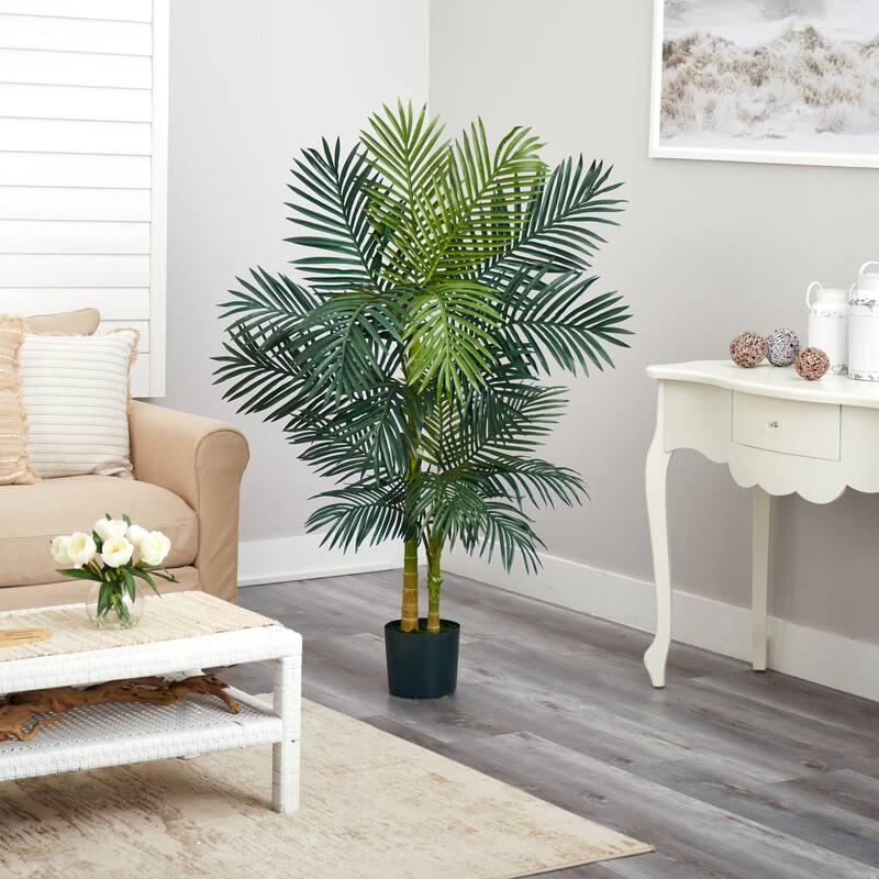 Golden Cane Palm Tree - 5ft Artificial Palm Tree, Home Office Decor, Realistic Indoor Plant, 2 Trunks, 60 Inch - 5ft.