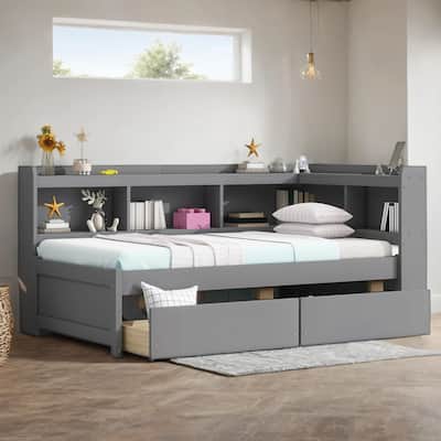 Twin Size Bookcass Bed w/ Power Outlets, USB Ports,2 Drawers,L-shaped