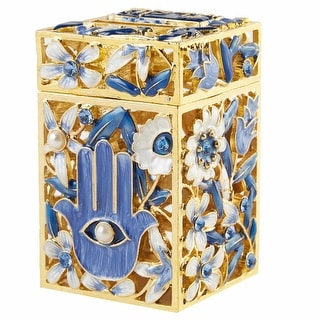 Matashi Hand-Painted Enamel Tzedakah Charity Box Embellished w/ Crystals & a Hamsa Protects Against Evil Eye Motif Design