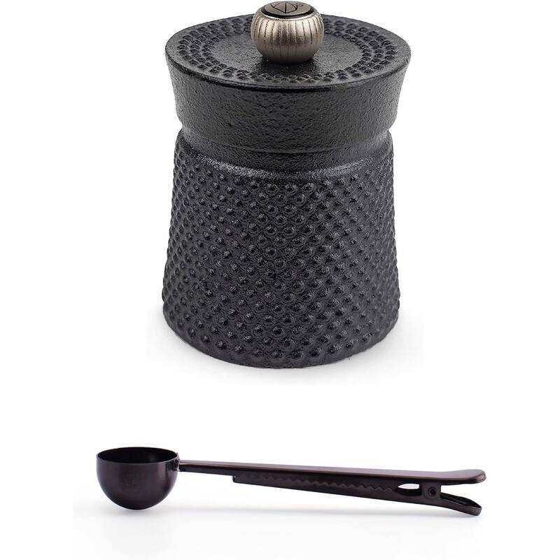 Peugeot BALI FONTE Cast Iron Pepper Mill, 8cm/3 In, With Stainless Steel Spice Scoop/Bag Clip (Black) - Black - 2 Piece