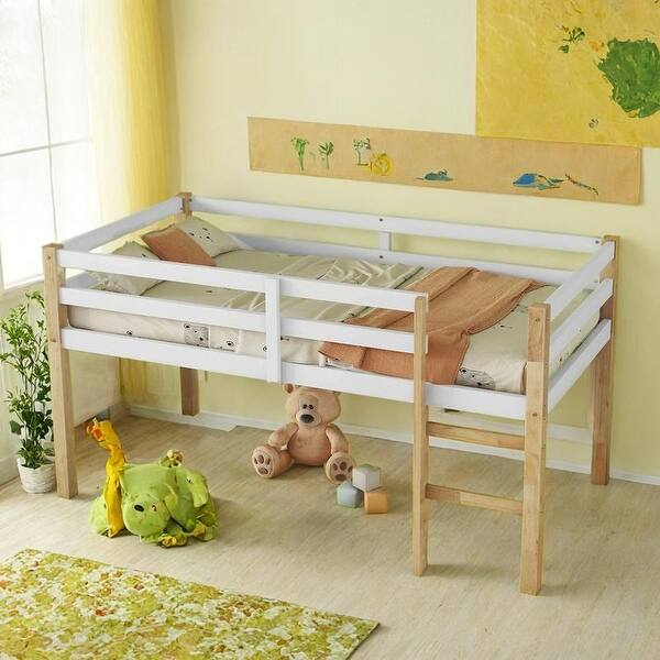 slide 2 of 11, Ample Space Storage Loft Bed, Solid Wooden Bed Platform of Strengthened Slats, Twin Size Natural+White