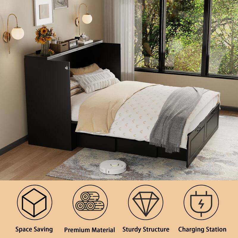 Murphy Bed Cabinet with Charging Port and Storage Drawer, White