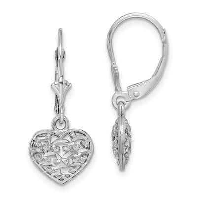 Curata 14k White Gold 25.8x10.7mm Textured Puffed Heart Leverback Earrings