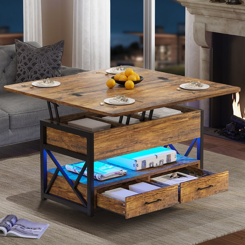 Coffee Table Lift Top 2 Drawers Hidden Compartment for Living Room