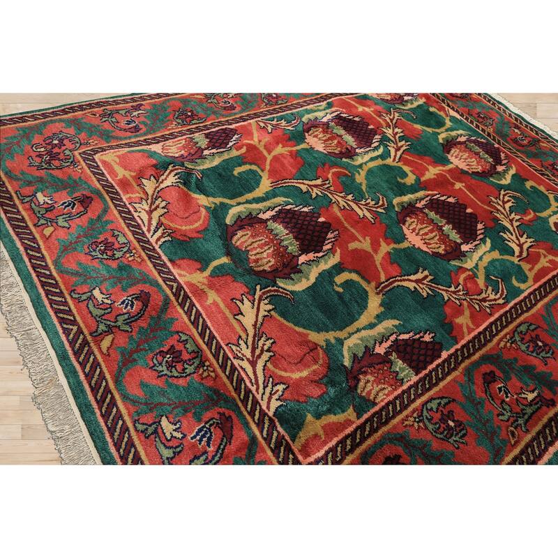 7'9''x9'10'' Hand Knotted Wool Teal-Green Arts & Crafts Boho Plush Pile Rug - 7' 9'' x 9' 10''