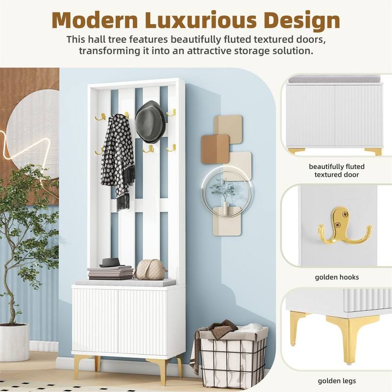 Luxury 4-in-1 Hall Tree with Shoe Bench and Cushion, Versatile Coat Rack with 8 Gold Hooks, Entryway Bench w/ Adjustable Shelves