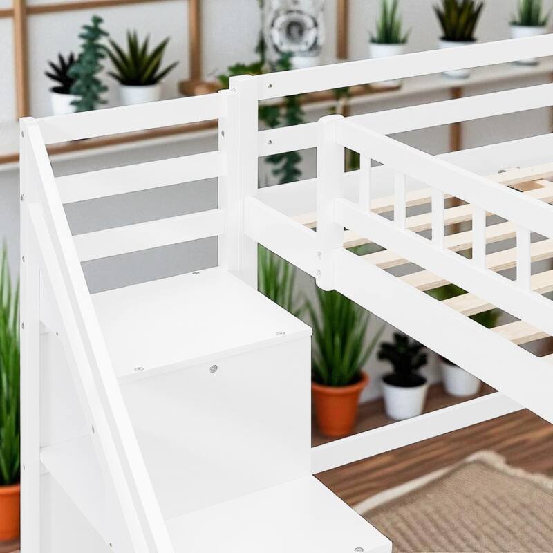 Twin/Full Loft Bed with Desk, 2 Storage Drawers, LED Light Strip, Side Stairs, Study & Space-Saving Design