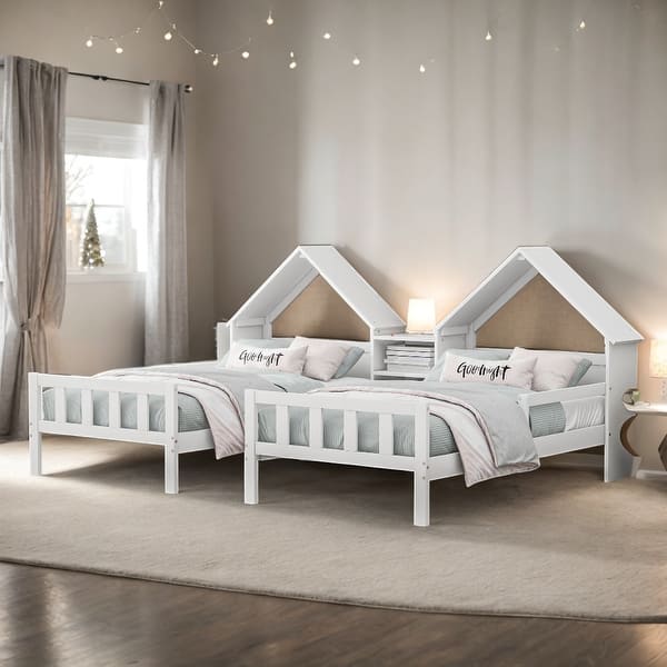 slide 2 of 12, Double Twin Size Platform Bed with House-shaped Headboard and Built-in Nightstand White
