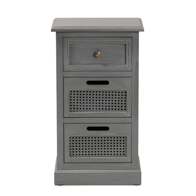 Sheldon Vintage 3-Drawer Wood and Rattan End Table Modern Style
