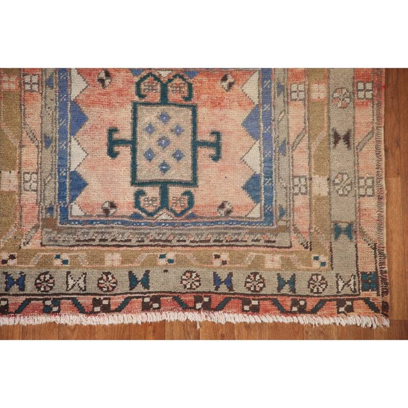 Geometric Ardebil Persian Vintage Runner Rug Hand-knotted Wool Carpet - 3'6" x 10'0"