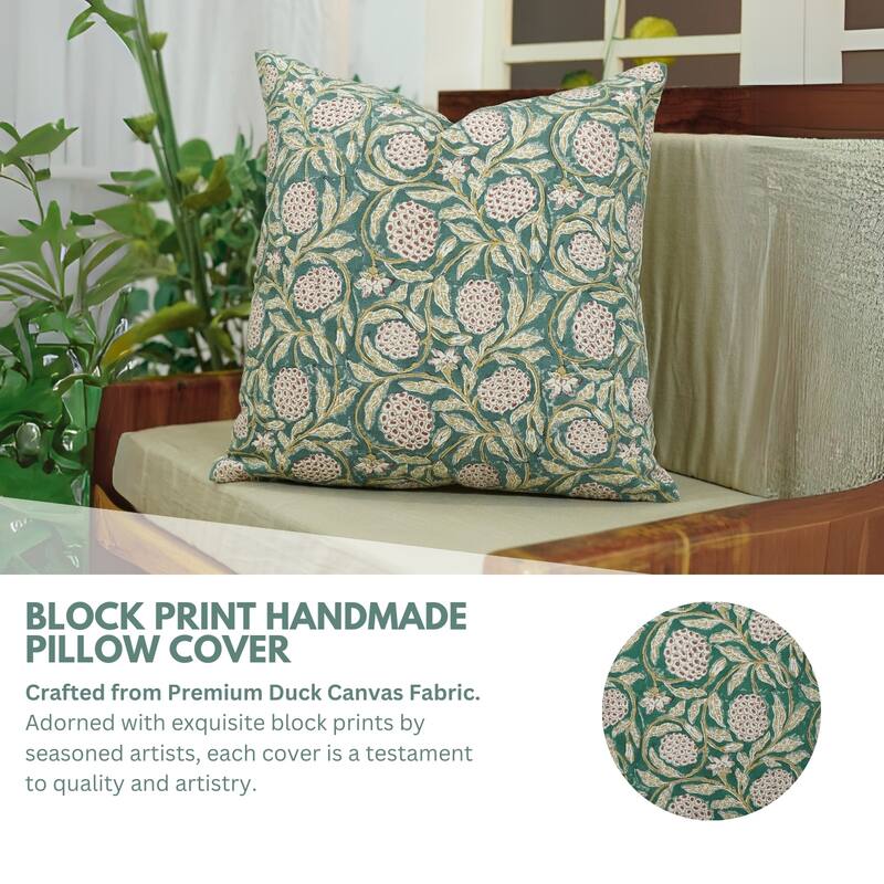Fabdivine Hand Block Print Pillowcase in Cotton for Hotel Floral Cushion Cover Farmhouse Throw Décor, Coastal Tulip