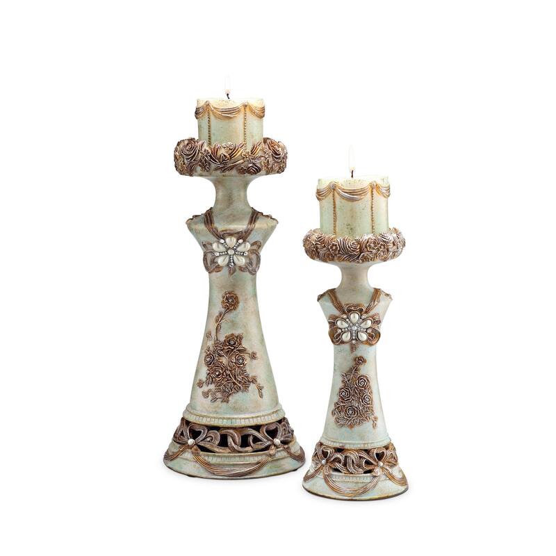 HomeRoots Set of 2 Beige And Brown Vintage Pillar Tabletop Candle Holders - 14