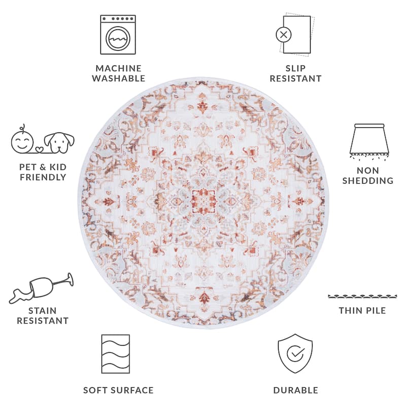 SAFAVIEH Tucson Machine Washable Slip Resistant Theodora Oriental Medallion - 6'6" x 6'6" Round - Beige/Grey - Round
