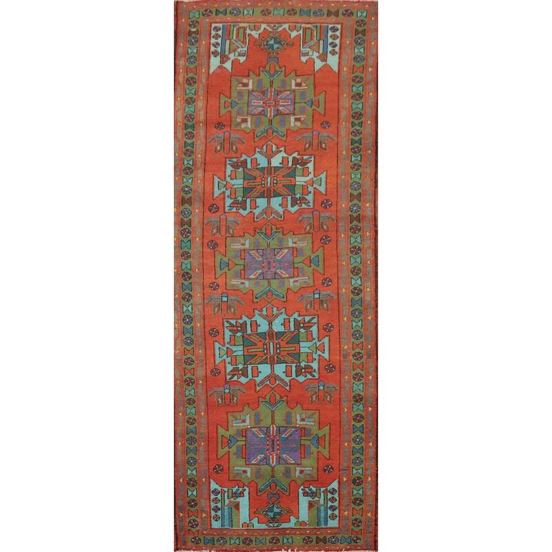 Hand Knotted Oriental 100% Wool Carpet Traditional Geometric Oranges & Rust Heriz Runner Rug - 9' 10'' X 3' 1''