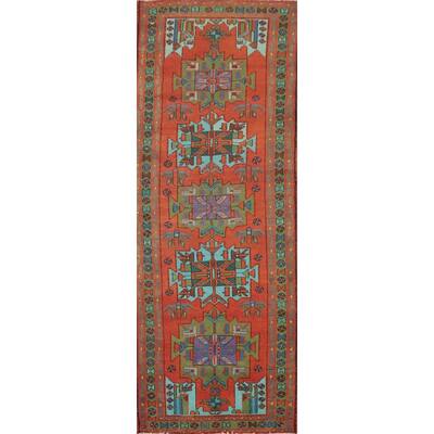 Hand Knotted Oriental 100% Wool Carpet Traditional Geometric Oranges & Rust Heriz Runner Rug - 9' 10'' X 3' 1''