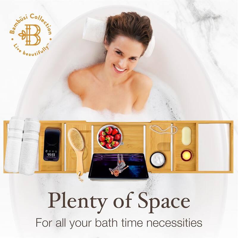 Bamboo Bathtub Tray for Tub - Expandable Bath Tray, Book & Tablet Holder - Bath Table, Tub Tray, Bathtub Caddy, Foldable Design