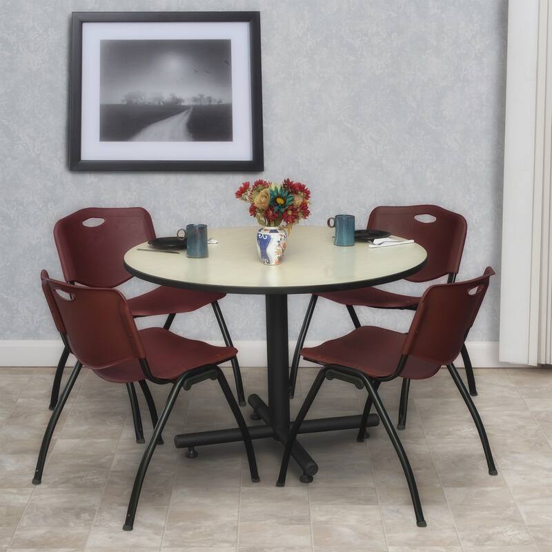 48" Round Breakroom Table- Maple & 4 'M' Stack Chairs- Burgundy - 48