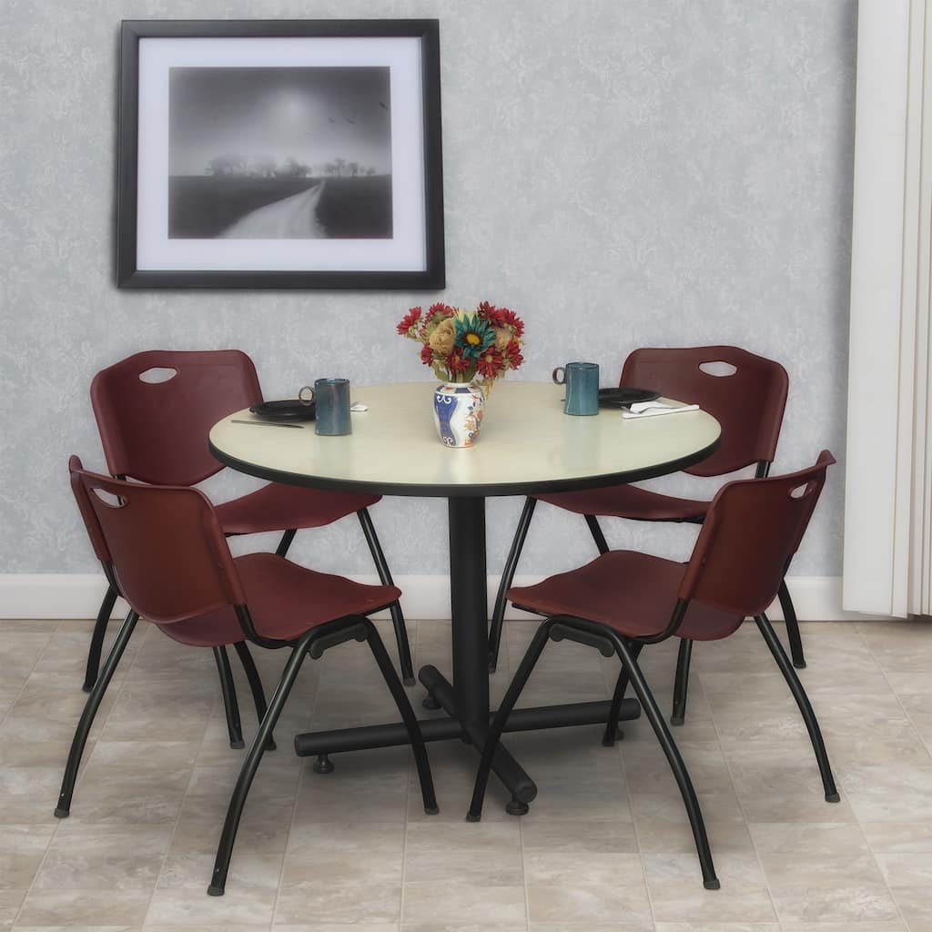 48" Round Breakroom Table- Maple & 4 'M' Stack Chairs- Burgundy - 48