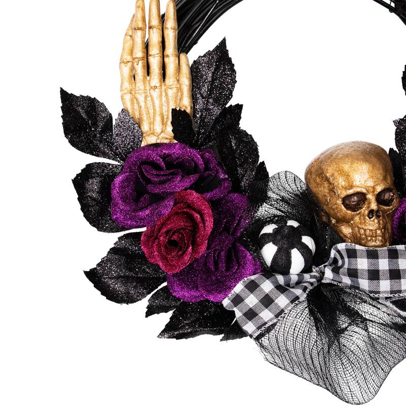 Skull With Hands Purple Roses Halloween Twig Wreath, 22-Inch, Unlit