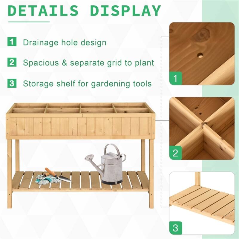 Natural Fir Wood 8-Compartment Raised Garden Bed with Storage Shelf - 43.25" L x 18" W x 30" H