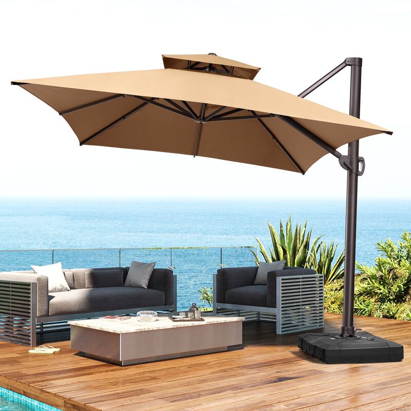 Pellebant Outdoor 10X13 FT Dual Top Patio Offset Umbrella 360 degrees Rotation with No Base - Tan