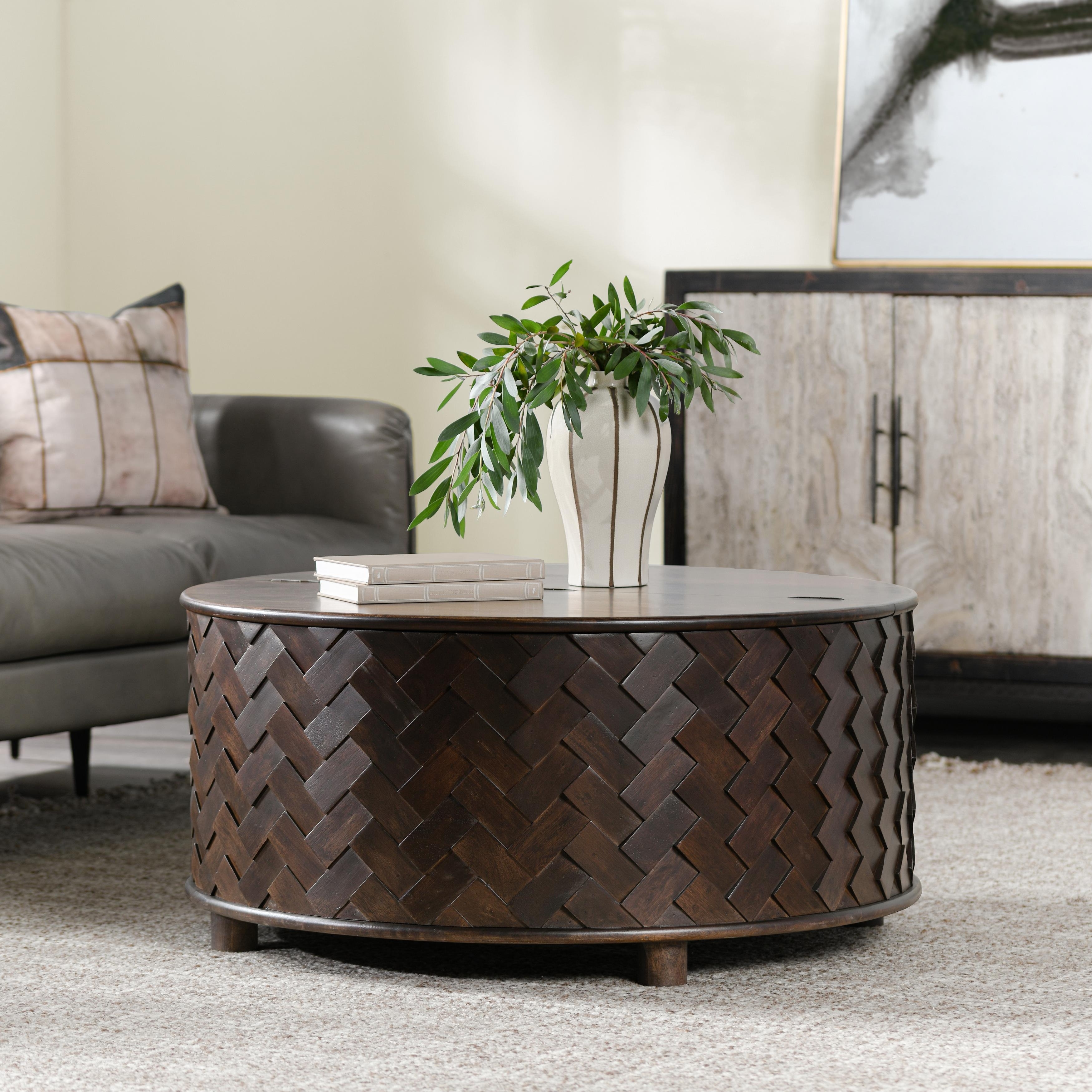 Classic Home Shira 40" Round Coffee Table with Storage in Kona Brown