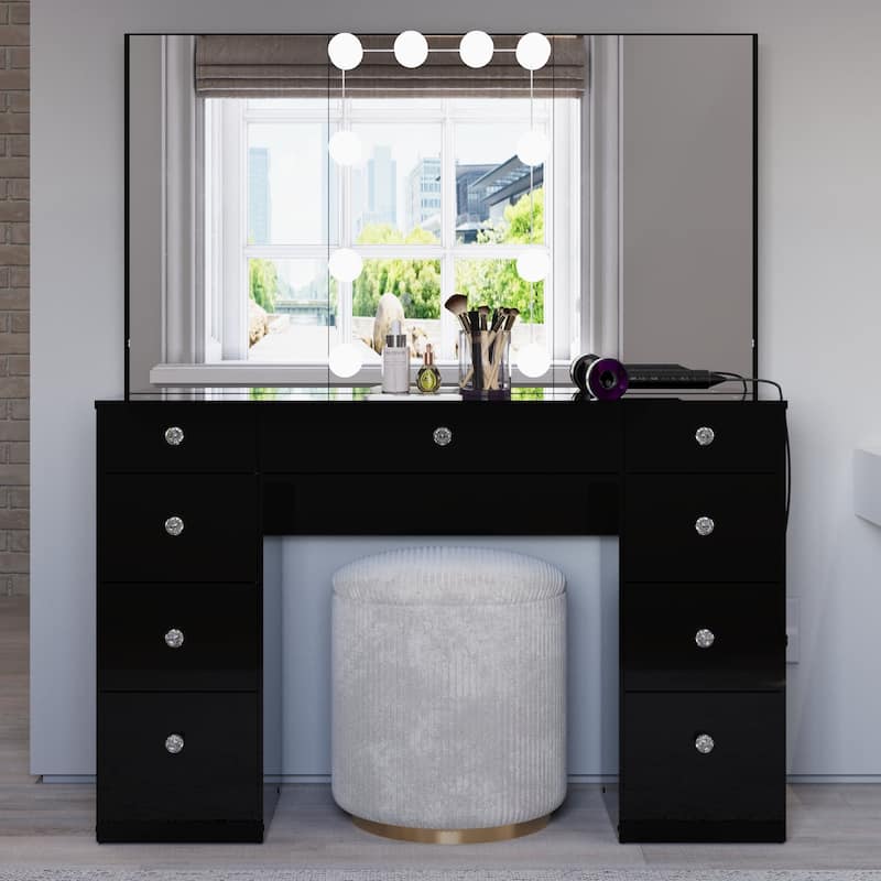 Boahaus Hollywood Makeup Vanity Desk with Lighted Mirror and Power Station; Modern Dressing Table with Storage Drawers