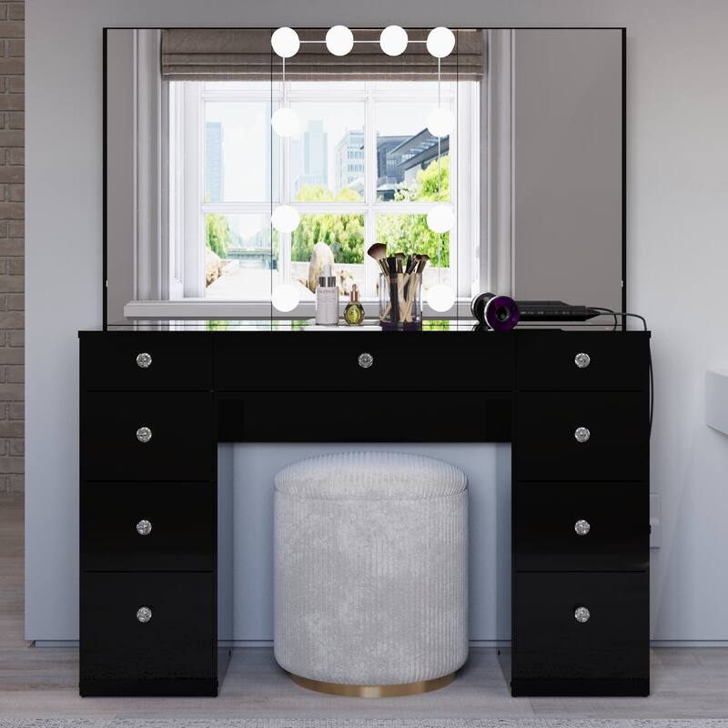 Boahaus w/Tri-Fold Lighted Makeup Vanity Desk With Glam Glass Top 9 Drawers