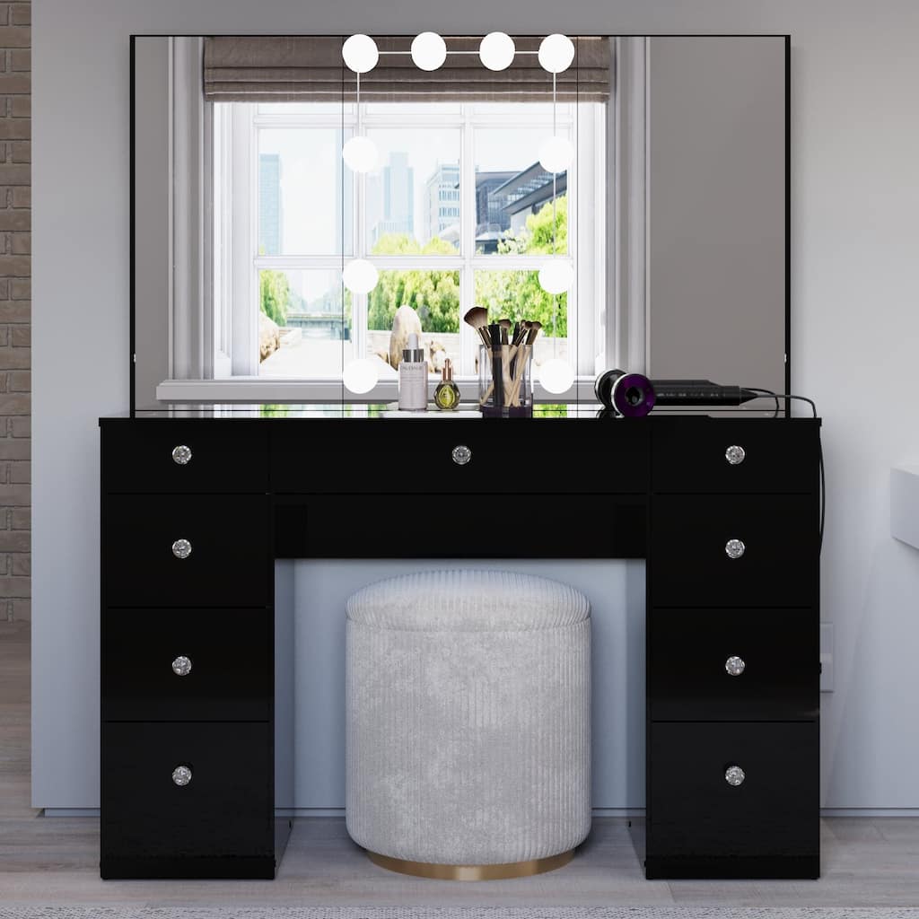 Boahaus w/Tri-Fold Lighted Makeup Vanity Desk With Glam Glass Top 9 Drawers