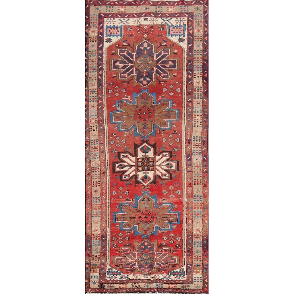 Hand Knotted Oriental 100% Wool Carpet Traditional Geometric Red Heriz Runner Rug - 9' 7'' X 3' 2''