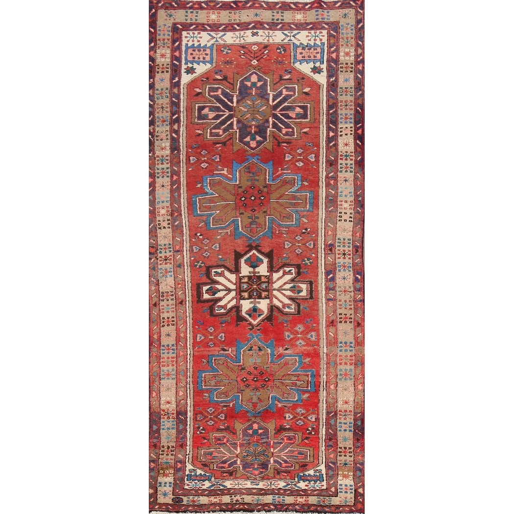 Hand Knotted Oriental 100% Wool Carpet Traditional Geometric Red Heriz Runner Rug - 9' 7'' X 3' 2''