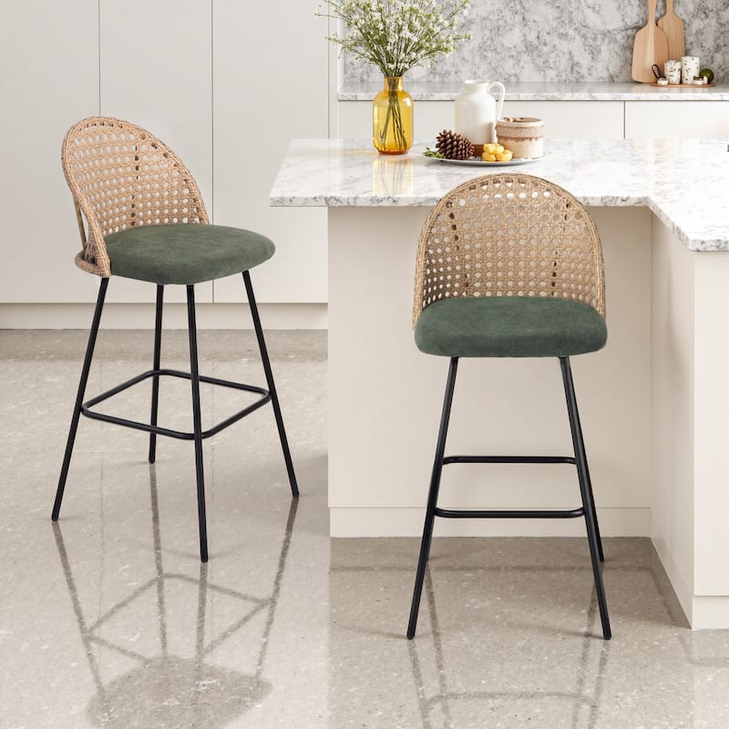 2 Set Rattan 27" Upholstered Chenille Full Back Counter Stool - Green