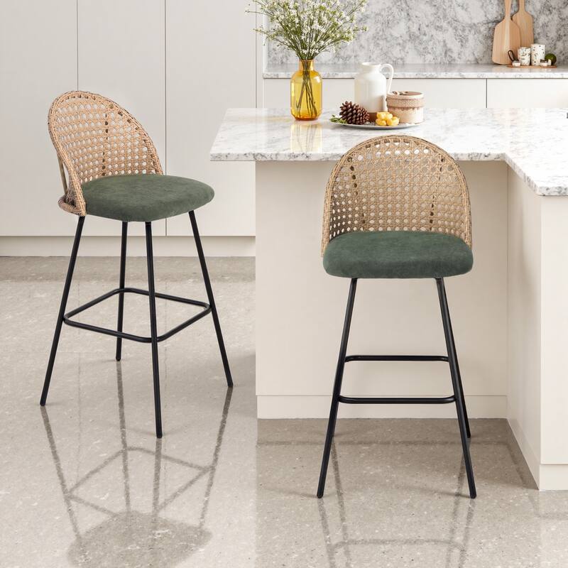 28"/29" Set of 2 Rattan Counter Height Swivel Bar Stools Chenille Cushion - Green-29.5" - Set of 2