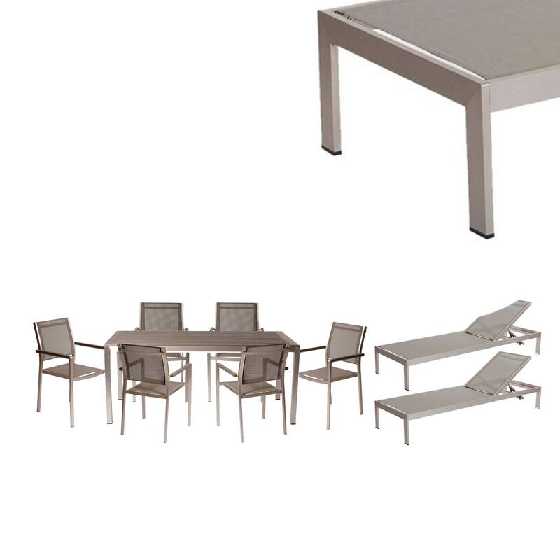 Kris 9 Piece Patio Dining and Lounge Set, Gray Textilene Seating, Aluminum